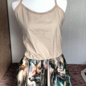 Sleeveless Beige and Multicolor Forest Print Dress